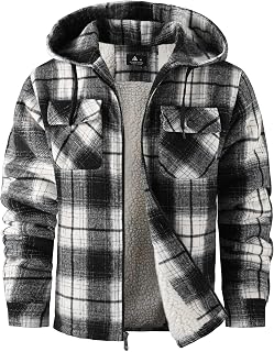 ZITY Mens Flannel Hooded Jacket Fleece Sherpa Lined Plaid Zip Up Sweatshirt