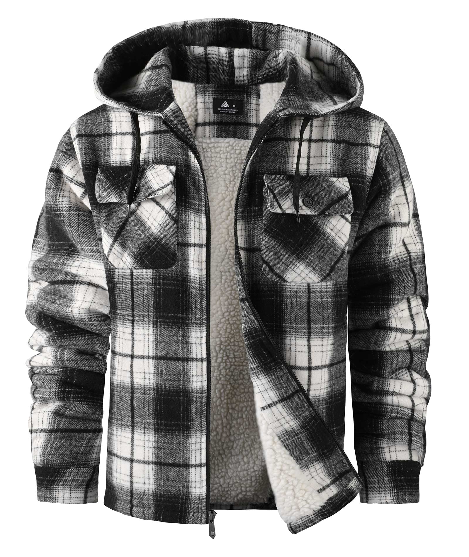 ZITY Mens Flannel Hooded Jacket Fleece Sherpa Lined Plaid Zip Up Sweatshirt