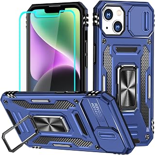 for iPhone 14 Plus Case with Screen Protector and with Camera Cover, 360°Military Grade Rotatable Kickstand (Heavy Duty) Shockproof Protective, Case for iPhone 14 Plus Navy Blue