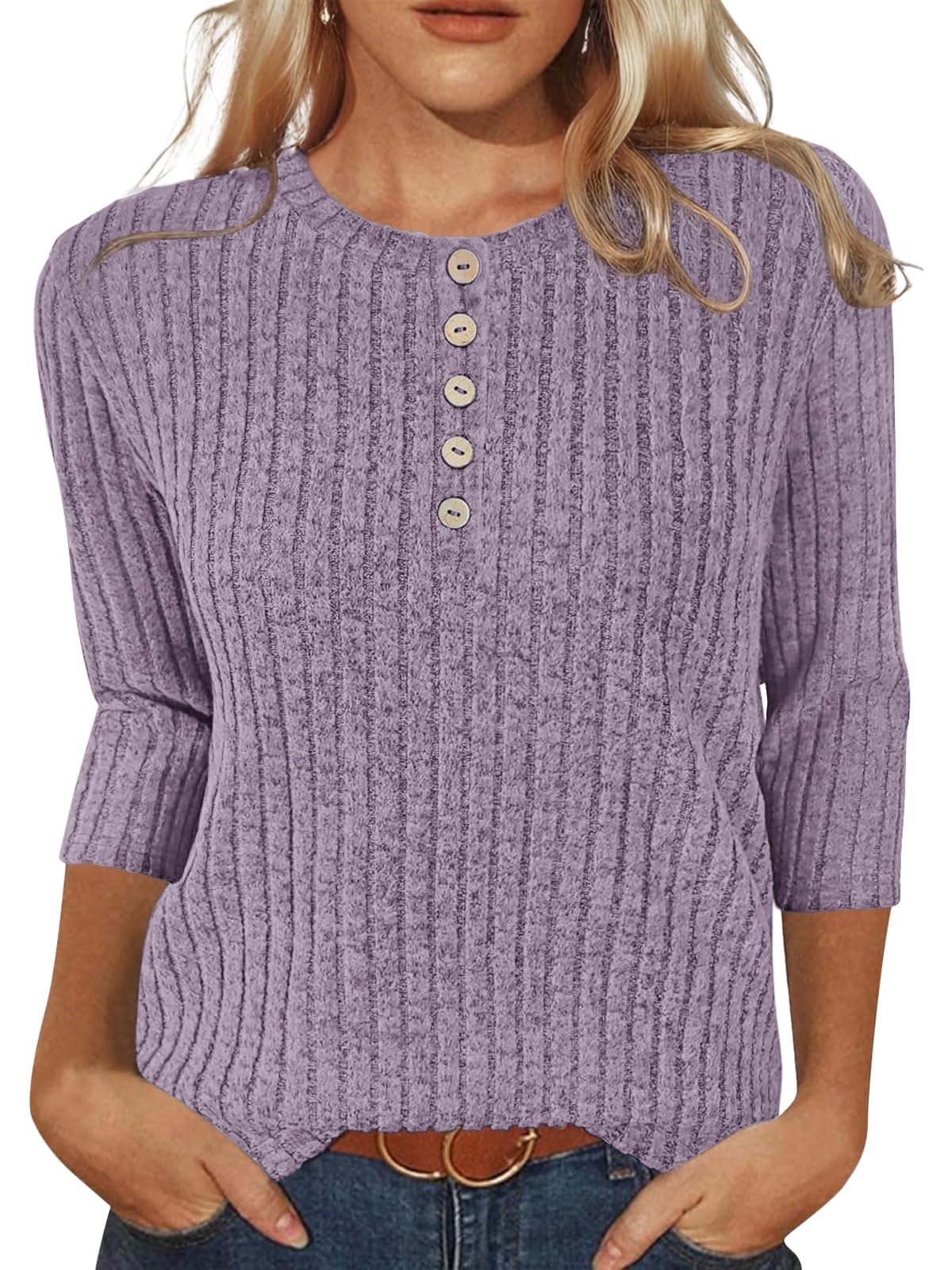 VUTRU Suéter para mujer, manga 3/4, estilo Henley, tipo túnica, holgada, casual,