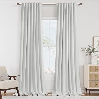 Guken White Linen Blackout Curtains 84 Inch Long 2 Panel Set Living Room Bedroom Back Tab Thermal Insulated 100% Blackout Linen Drapes Room Darkening Window Curtains 84 Inch Long White