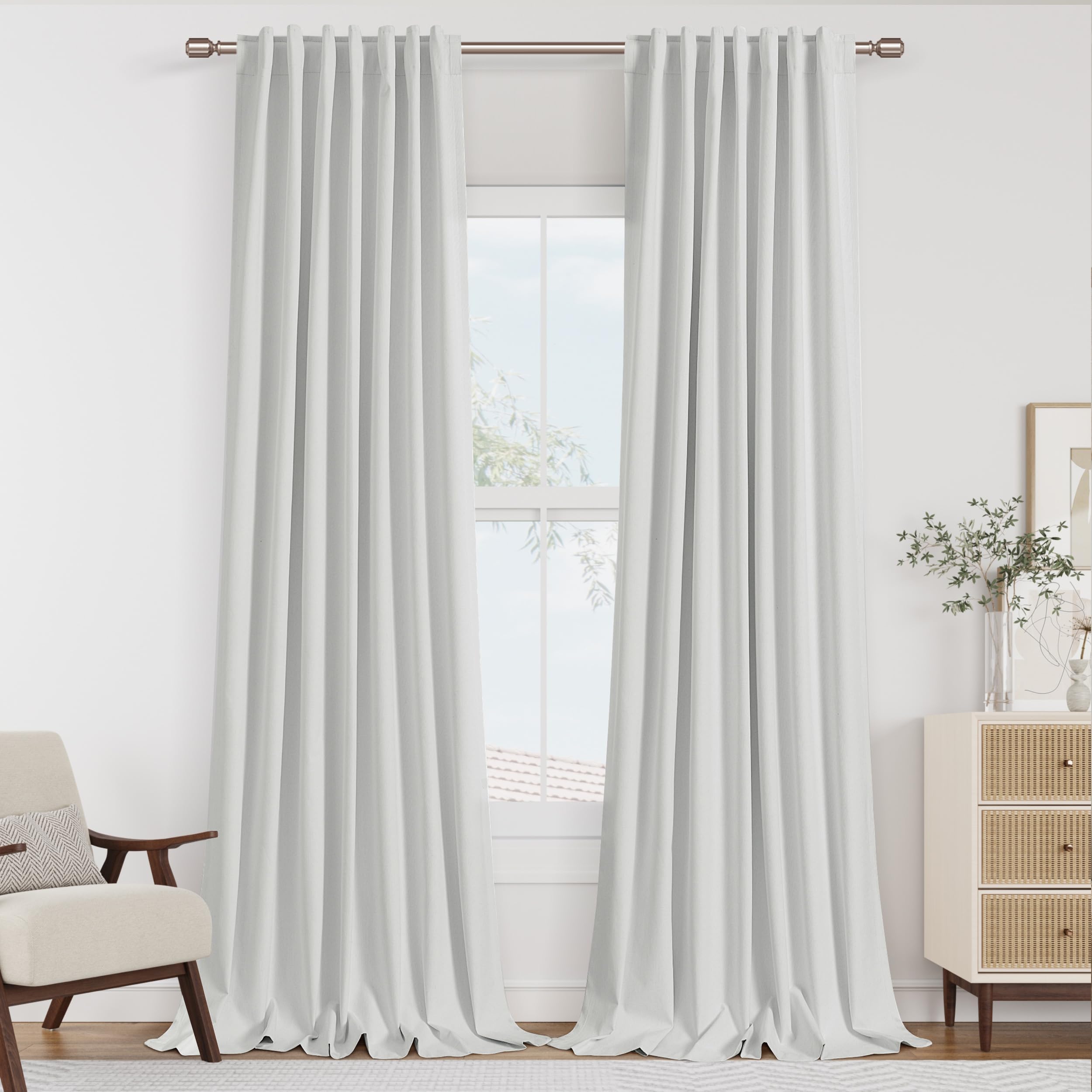Guken White Linen Blackout Curtains 84 Inch Long 2 Panel Set Living Room Bedroom