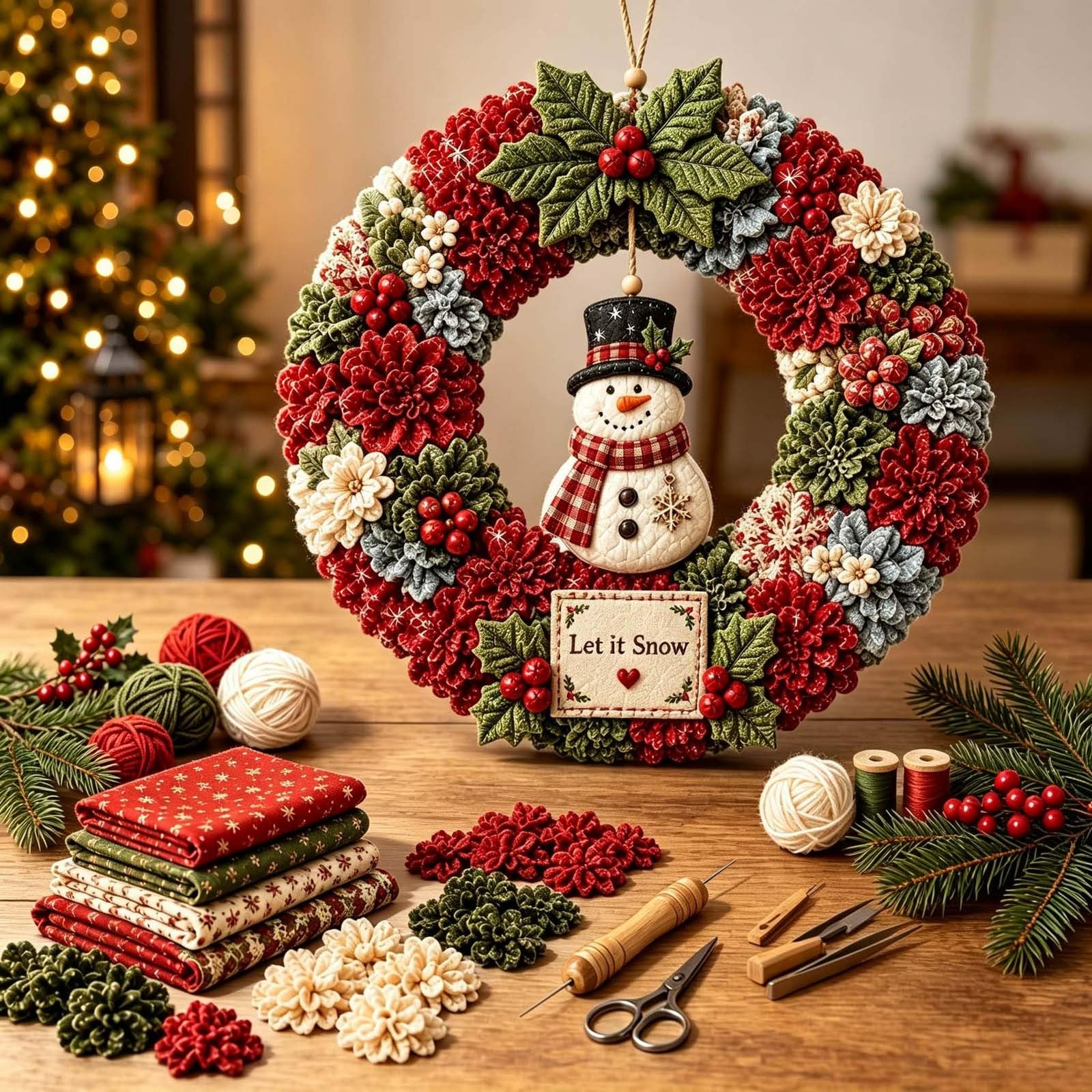 FAVIPT 3D Fabric Poke Wreath DIY Kit, Christmas Wreath DIY Kits for Adults (Snow