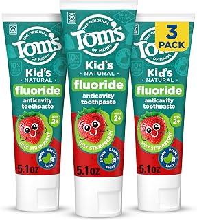 Tom's of Maine Natural Kids Fluoride Toothpaste, Strawberry, 3 Pack, 5.1 oz | For Kids Ages 2 and Up, Anticavity Toothpaste, No Artificial Flavors, Dyes, Sweeteners, or Preservatives, Gluten Free, Vegan