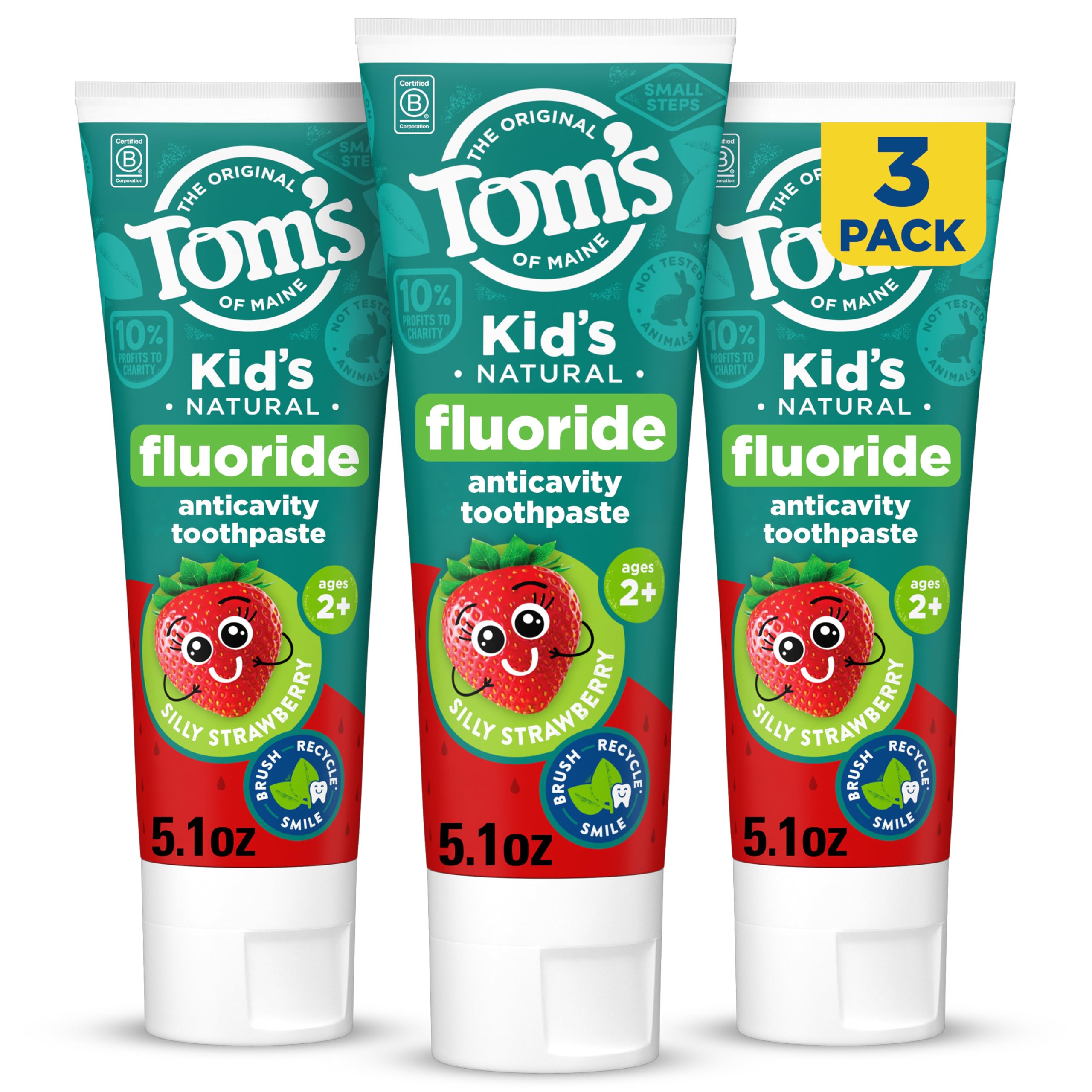 Tom's of Maine Natural Kids Fluoride Toothpaste, Strawberry, 3 Pack, 5.1 oz | Fo