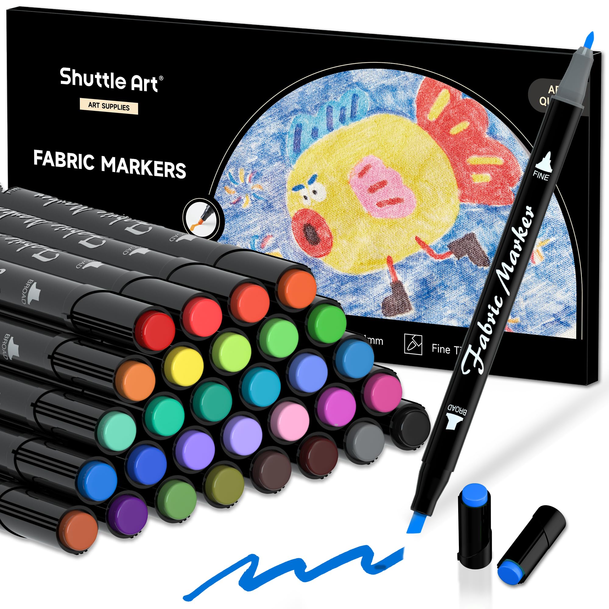 Shuttle Art Fabric Pens, 30 Colours Dual Tip Permanent Fabric Markers