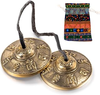 Boao Tingsha Meditation Bell with Bag,Om Mane Padme Hum Symbols Embossed | Tibetan Chime for Yoga Sound Healing, Finger Percussion Instrument with Pouch, 6.3 Cm Meditation Practice Zen Space
