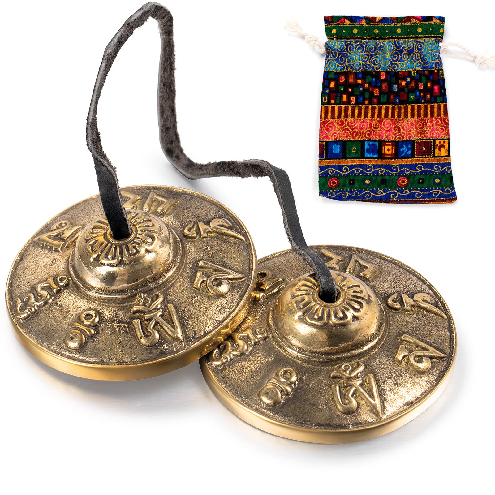 Boao Tingsha Meditation Bell with Bag,Om Mane Padme Hum Symbols Embossed | Tibet