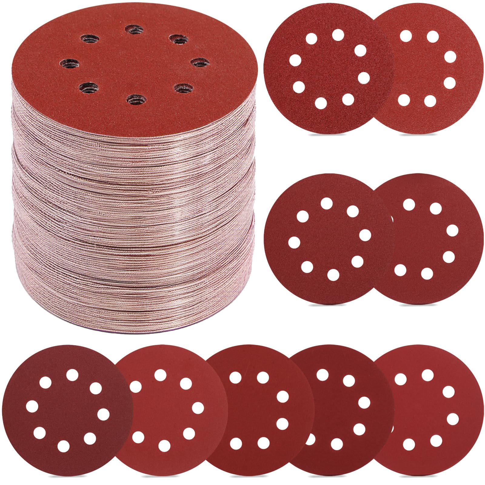 YNZDRWA 70 PCS 5 Inch 8-Hole Sanding Discs, 9 Mixed Grits | 40 80 120 180 240 32
