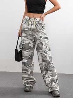 Women Casual Trousers Drawstring High Waist Wide Leg Cargo Pants Loose Pants