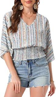 Allegra K Boho Top for Women's Chiffon Smocked Batwing Dolman Sleeve Blouse