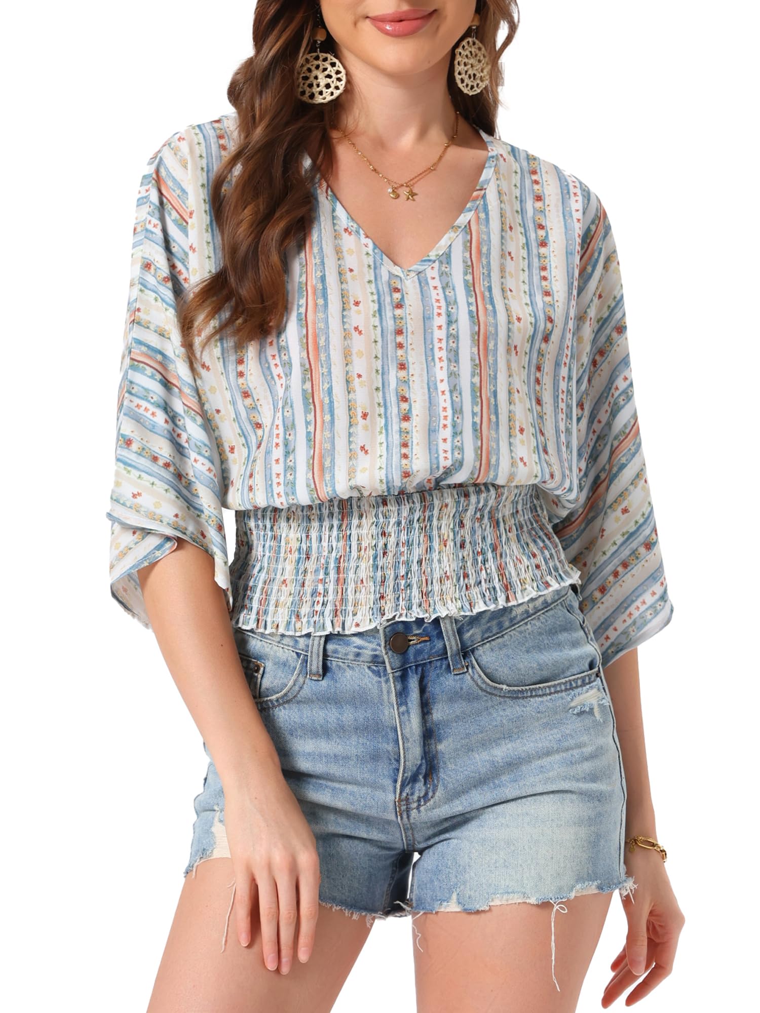 Allegra K Boho Top for Women's Chiffon Smocked Batwing Dolman Sleeve Blouse