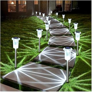 DenicMic Solar Lights Outdoor Waterproof 10 Pack Pathway Lights Cool White | Stake Lights for Yard Garden Driveway Walkway Outside Landscape Path Lights, Auto On/Off 6000K LED, Stainless Steel Pole