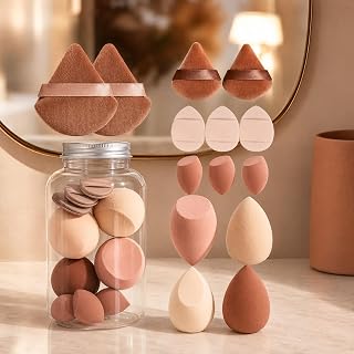 14 Pcs Makeup Sponges for Foundation, 3 Mini Makeup Sponges and 4 Triangle Puffs, Soft Makeup Sponges for Cosmetic Applicator for Liquid Powder, Brown