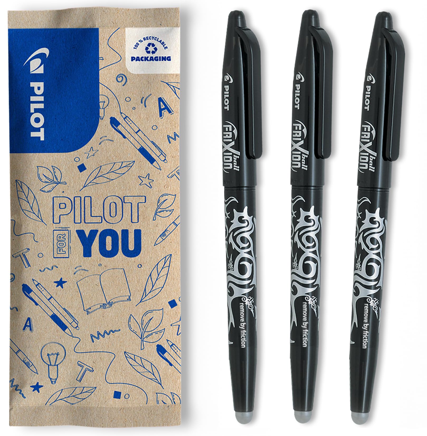 PILOT - 3 FriXion Ball - Rechargeable Erasable Pen - Black