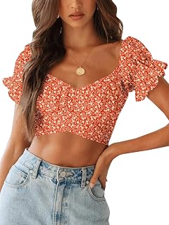 LYANER Womens Ruffle Short Sleeve Tie Back Crop Top Off Shoulder Bardot Blouse