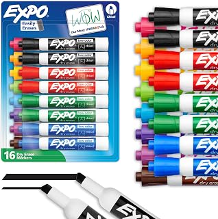 Expo Dry Erase Markers, Whiteboard Markers with Low Odour Ink, Chisel Tip, Assorted Colours, 16 Count