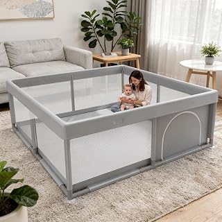 JINXIA 50x50 Inch Playpen for Babies and Toddlers, Soft &amp; Skin-Safe Fabric | Sturdy Safety Activity Fence, Breathable Mesh Playard for Indoor Outdoor Activity Center, Light Grey