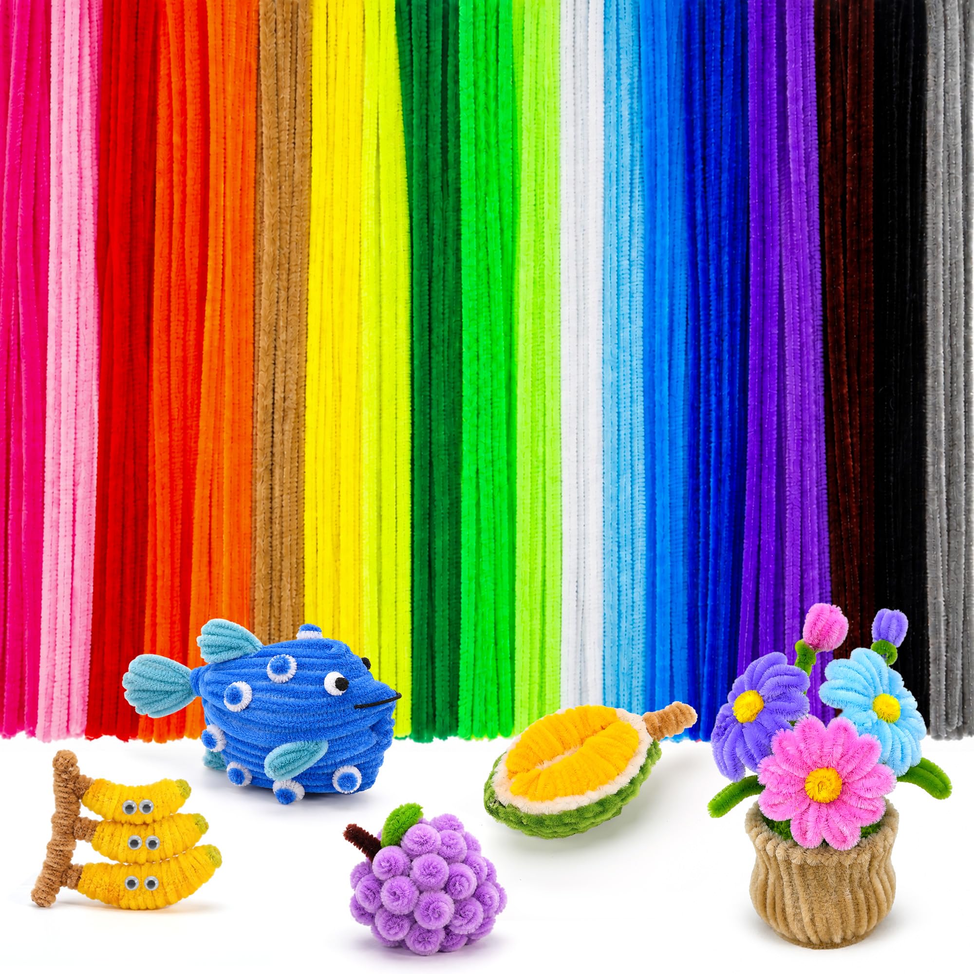 Caydo 200PCS Thick Pipe Cleaners Craft, 20 Colors Chenille Stems | for Arts and 