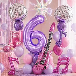 6th Kpop Birthday Decorations Girls, Purple Pink 40 Inch Number 6 Balloon | K pop Birthday Balloons Disco Ball Music Guitar Balloon Metallic Purple 6 Balloons for 6 Year Old Birthday Kpop Party Decor