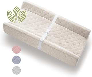 Organic Cotton Covered Contoured Baby Changing Pad | Waterproof Foam Mattress, Soft, Removable &amp; Washable Cover, Safety Strap, Non-Slip Bottom, Topper for Standard Size Infant Diaper Table &amp; Dresser