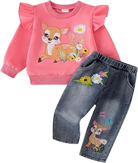 Toddler Clothes for Girls,2 Piece Animal Sweatshirt and Jeans, 1-5T