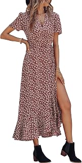 PRETTYGARDEN Women Summer Dress Boho Floral V Neck Short Sleeve Ruffle Hem Split Beach Dress