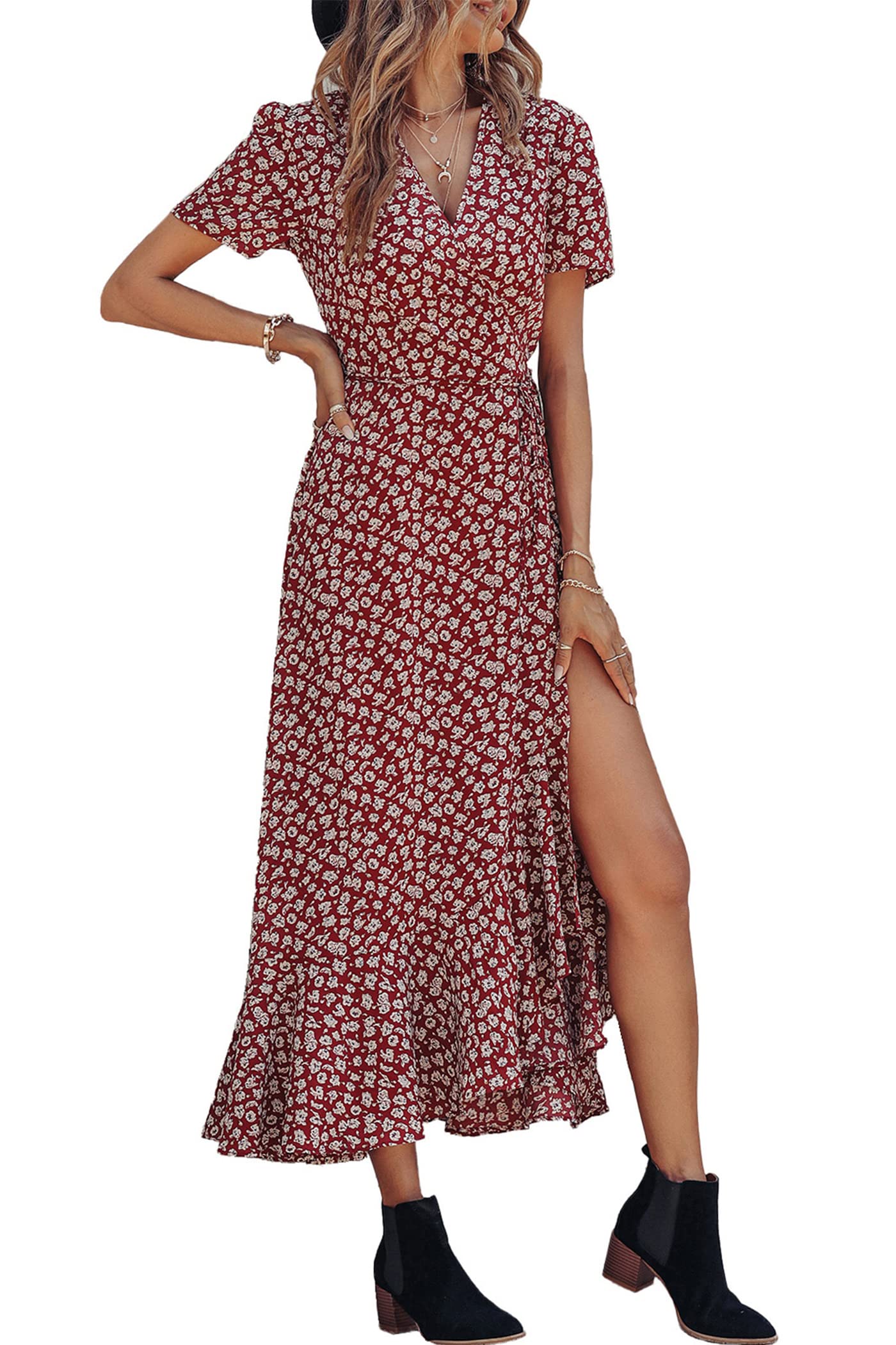 PRETTYGARDEN Women Summer Dress Boho Floral V Neck Short Sleeve Ruffle Hem Split