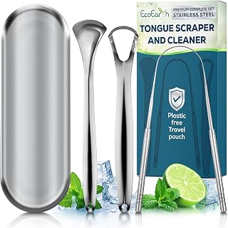 Set of 3 Tongue Scrapers for Adults, Tough Metal Tongue Cleaner w/Storage Case, Stainless Steel Tongue Scrubber for Fresh Breath & Oral Hygiene by EcoEarth
