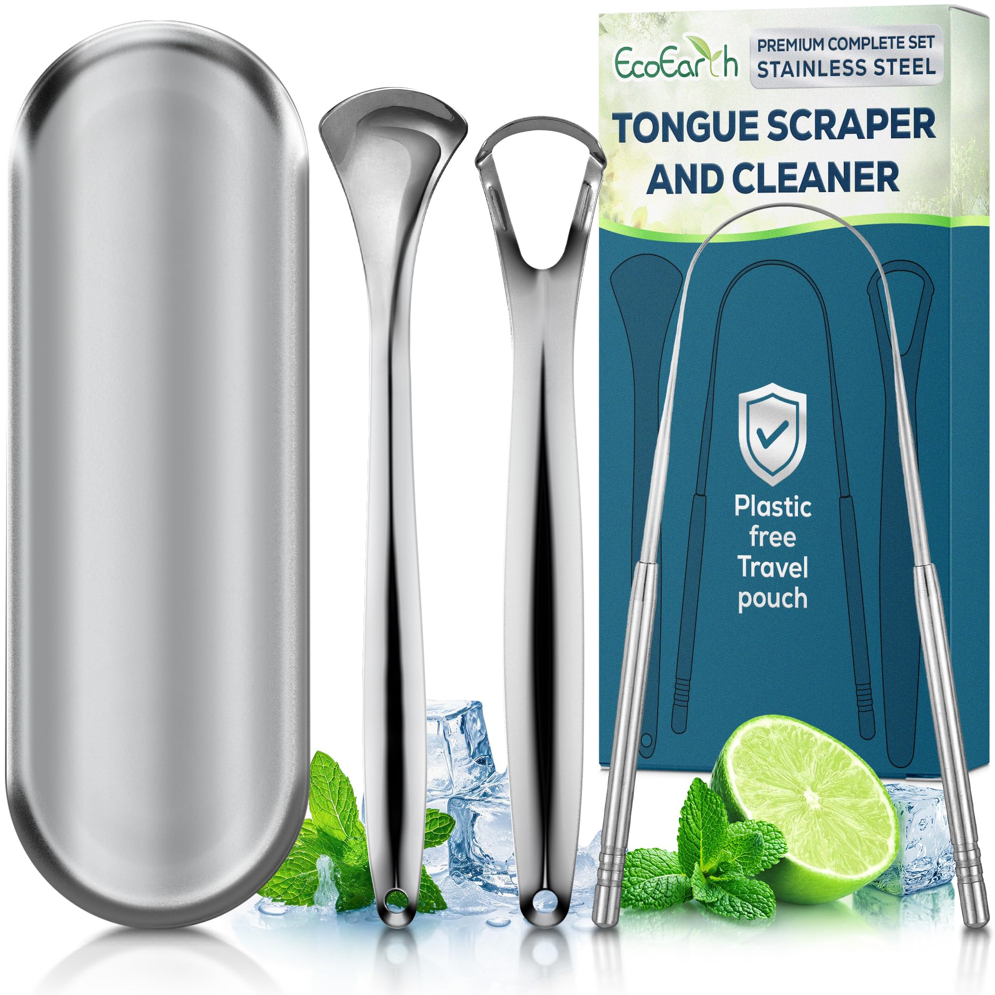 Set of 3 Tongue Scrapers for Adults, Tough Metal Tongue Cleaner w/Storage Case, 