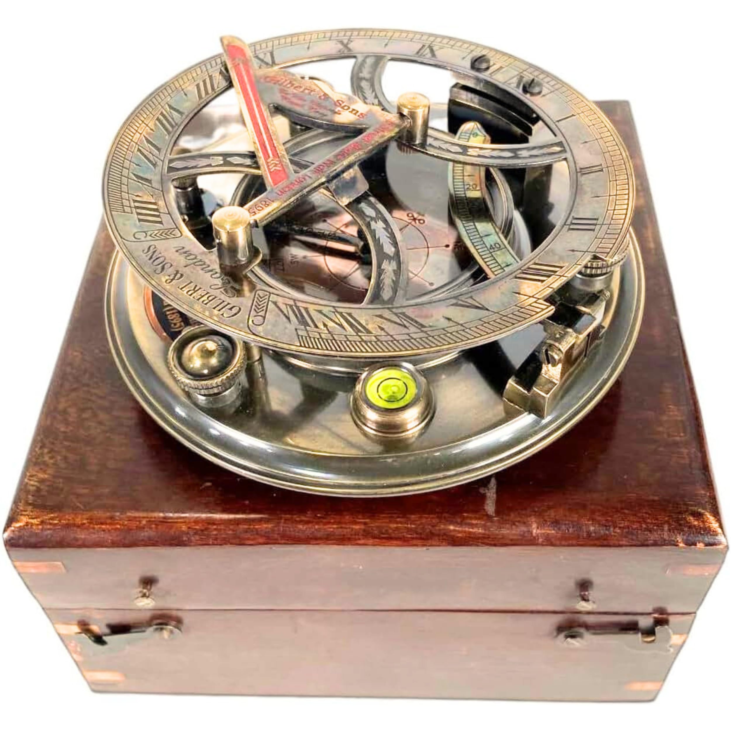 Antique Nautical Big Brass Sundial Compass Gilbert & Sons Retro Wooden Collectib