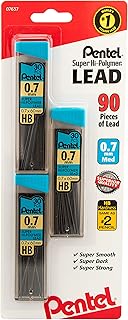 Pentel C27BPHB3K6 Super Hi-Polymer Lead Refills, 0.7mm, HB, Black, 30 per Tube (Pack of 3 Tubes)
