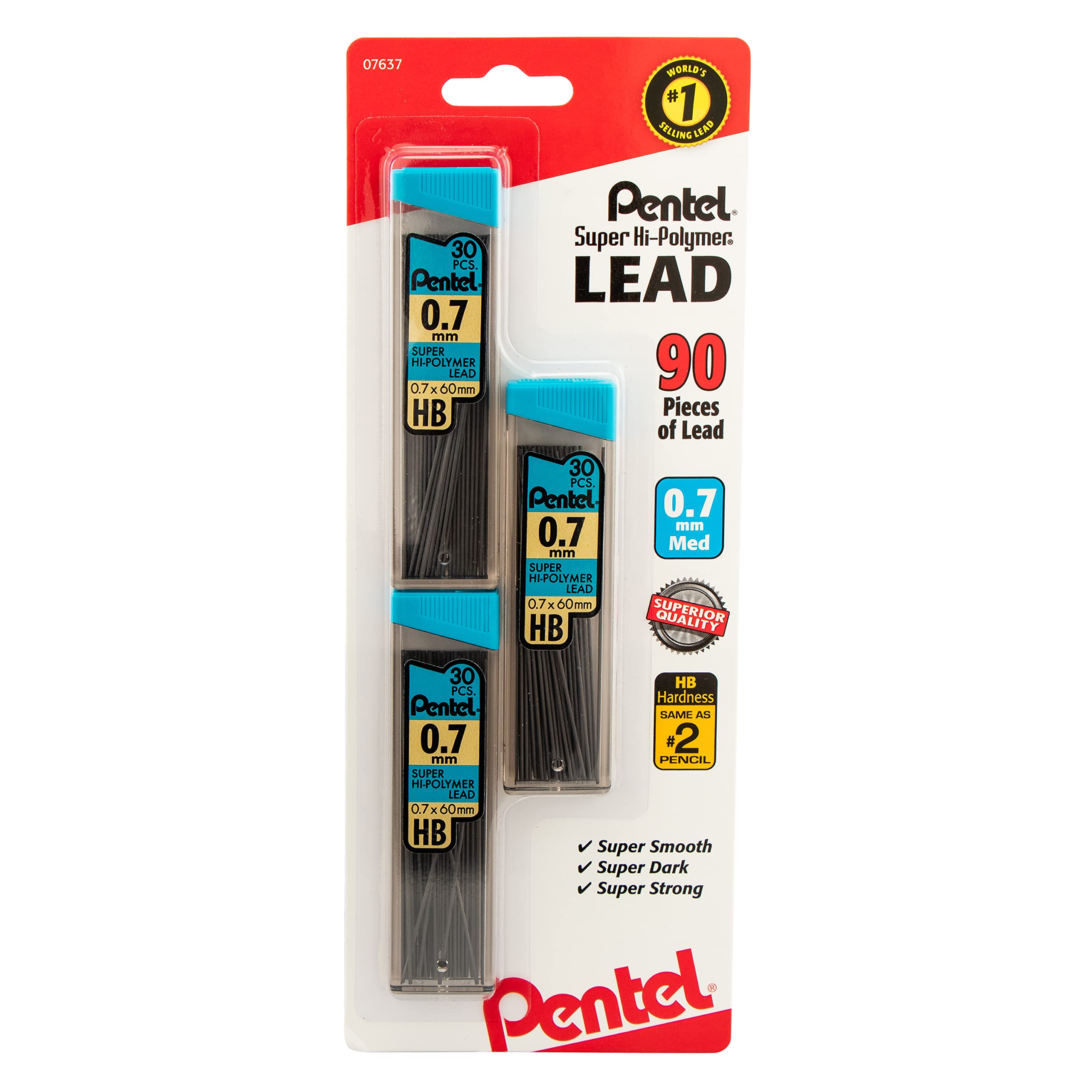 Pentel C27BPHB3K6 Super Hi-Polymer Lead Refills, 0.7mm, HB, Black, 30 per Tube (