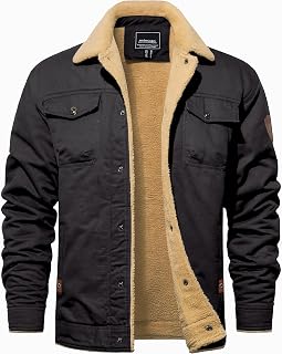 TACVASEN Men's Cotton Jackets Winter Fleece Lined Casual Warm Cargo Coat Snaps Working Sherpa Jacket with Multi Pockets