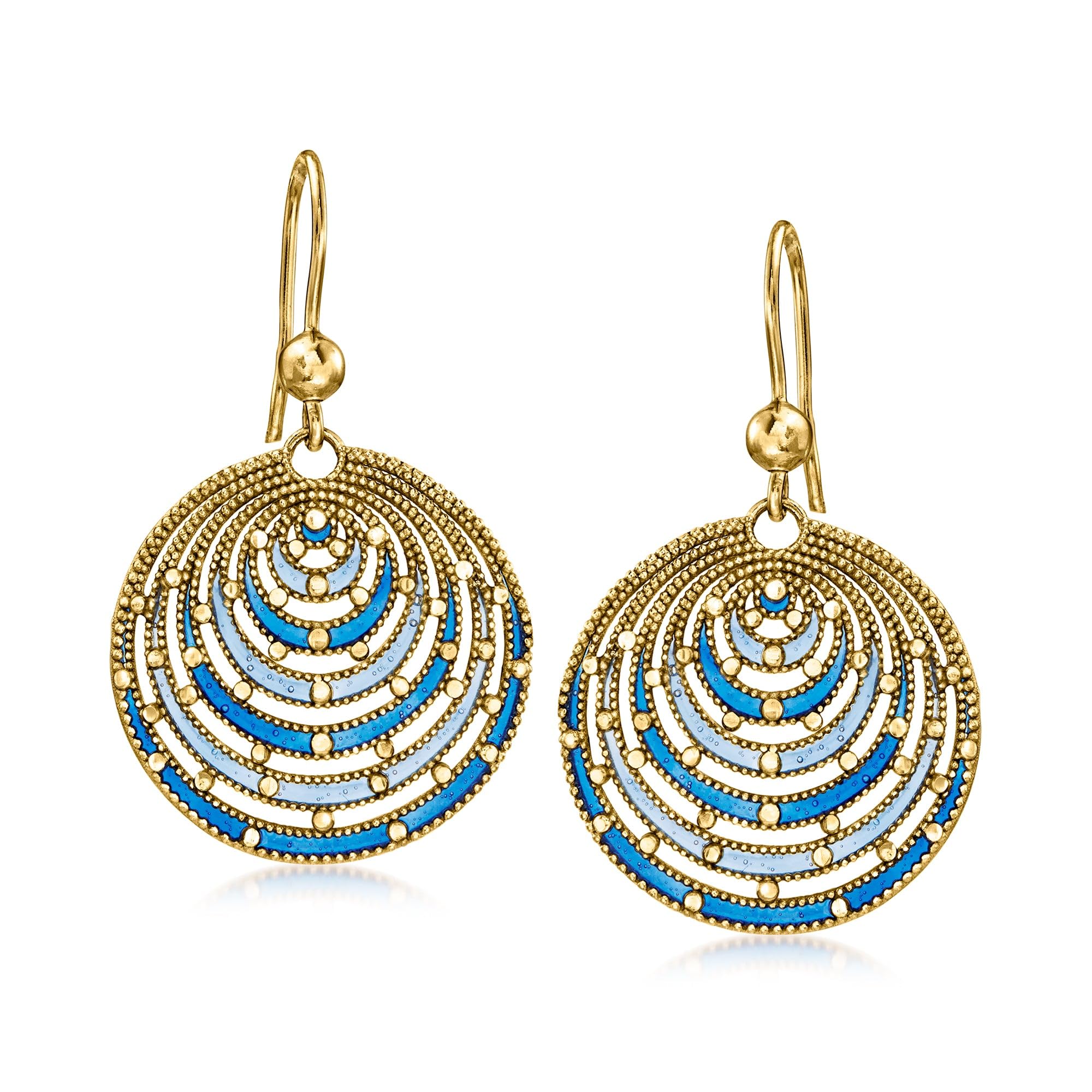 Ross-Simons Italian Blue Enamel Circle Drop Earrings in 18kt Gold Over Sterling