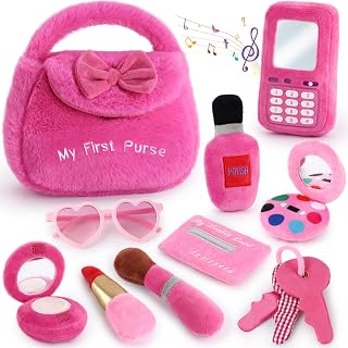 Golray My First Plush Purse Set for Girls, 10 PCS Toddler Pretend Play Purse with Toy Phone, Pretend Makeup, Keys, Credit Card & Sunglasses, Soft Gift for 1 2 3 Year Old Girls, 12 Months+