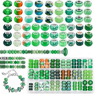 VICTLOV European Large Hole Spacer Charm Beads for DIY Bracelet Jewelry Making, Storage Box Kit, Gift for Girls and Teens (Green, 110 Pcs 20 Style)