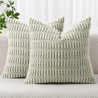 MIULEE 2 Pack Corduroy Decorative Pillow Covers 18 x 18 Inch, Soft Boho Striped Pillow Covers, Modern Farmhouse Home Decor for Spring Sofa Living Room Couch Bed Light Green