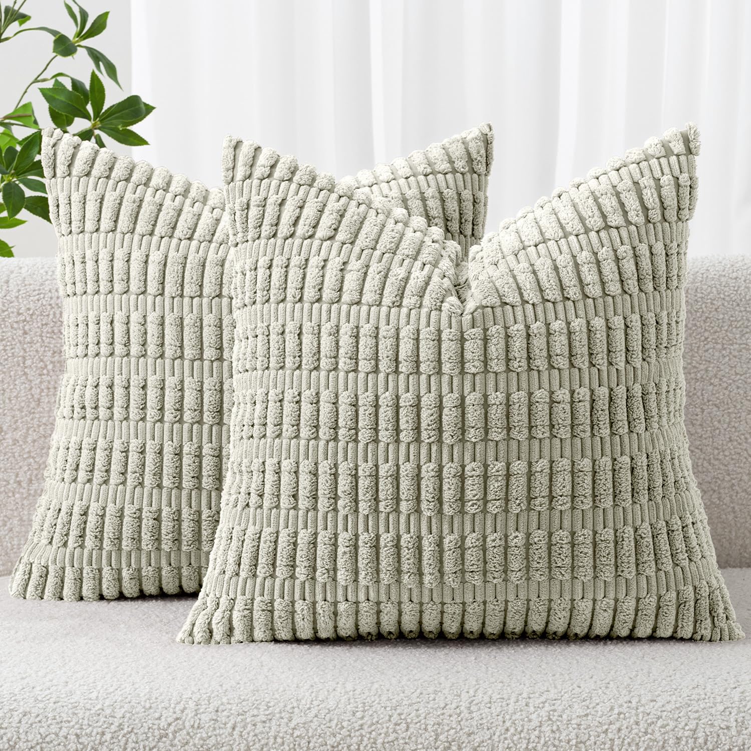 MIULEE 2 Pack Corduroy Decorative Pillow Covers 18 x 18 Inch, Soft Boho Striped 