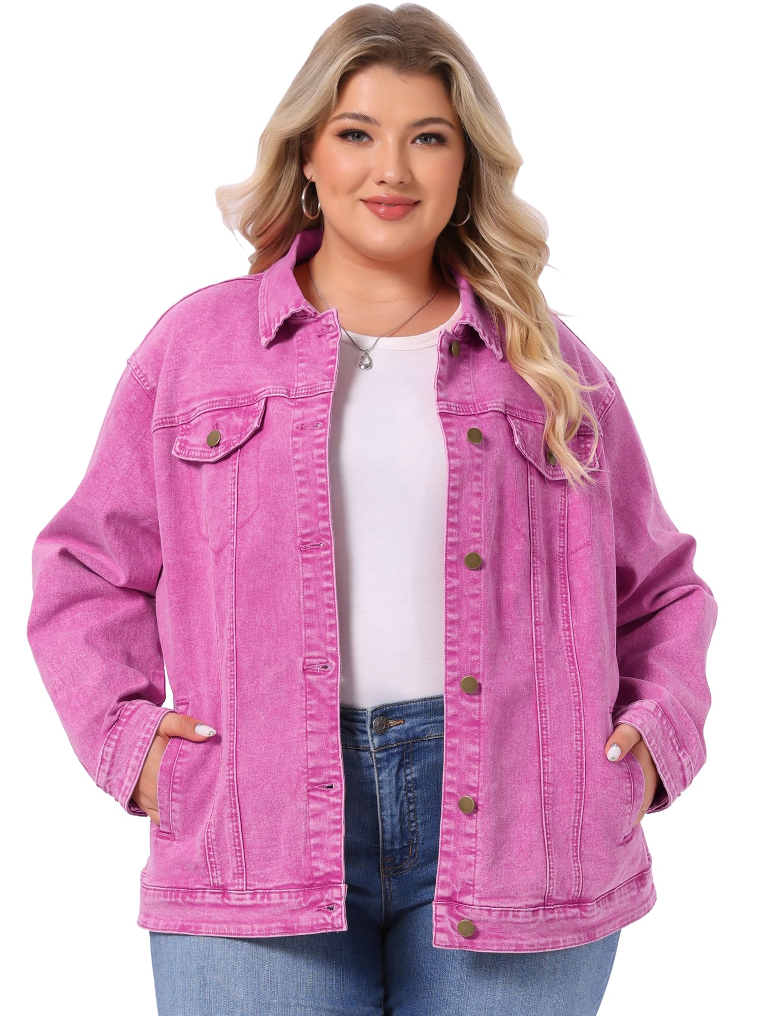 uxcell Women Plus Size Button Stitching Washed Denim Jackets
