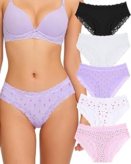 FINETOO 5er Women's Cotton Briefs with Lace Underwear Soft Low Waist Sexy Panties