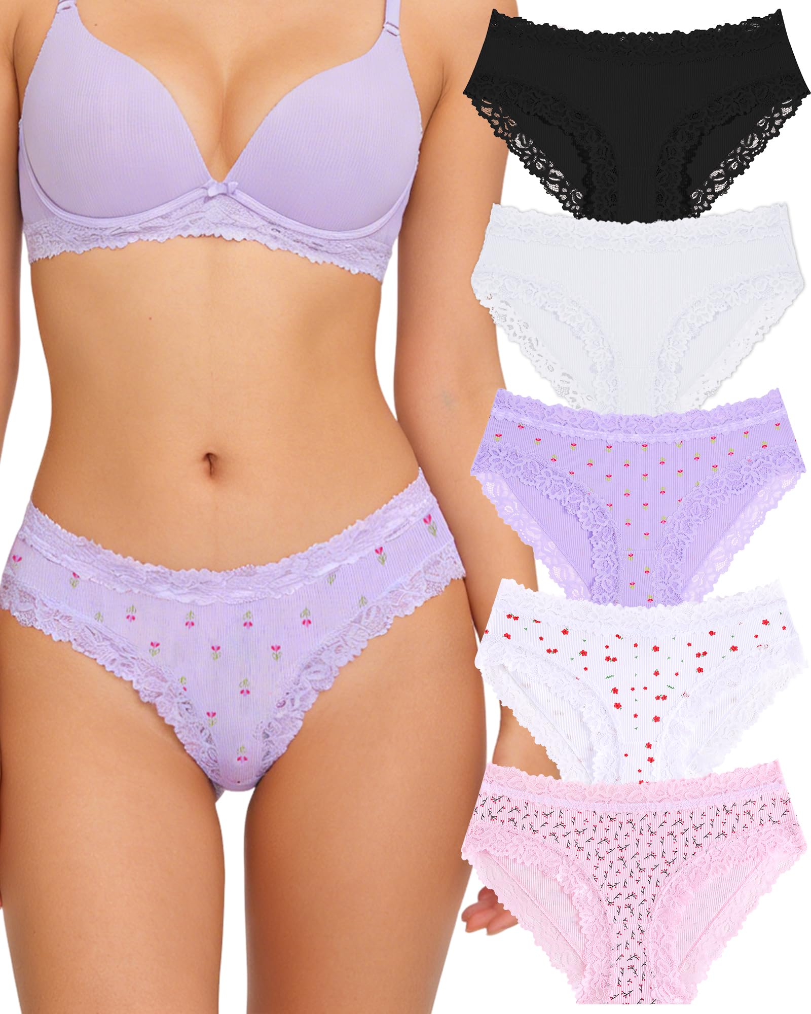 FINETOO 5er Women's Cotton Briefs with Lace Underwear Soft Low Waist Sexy Pantie