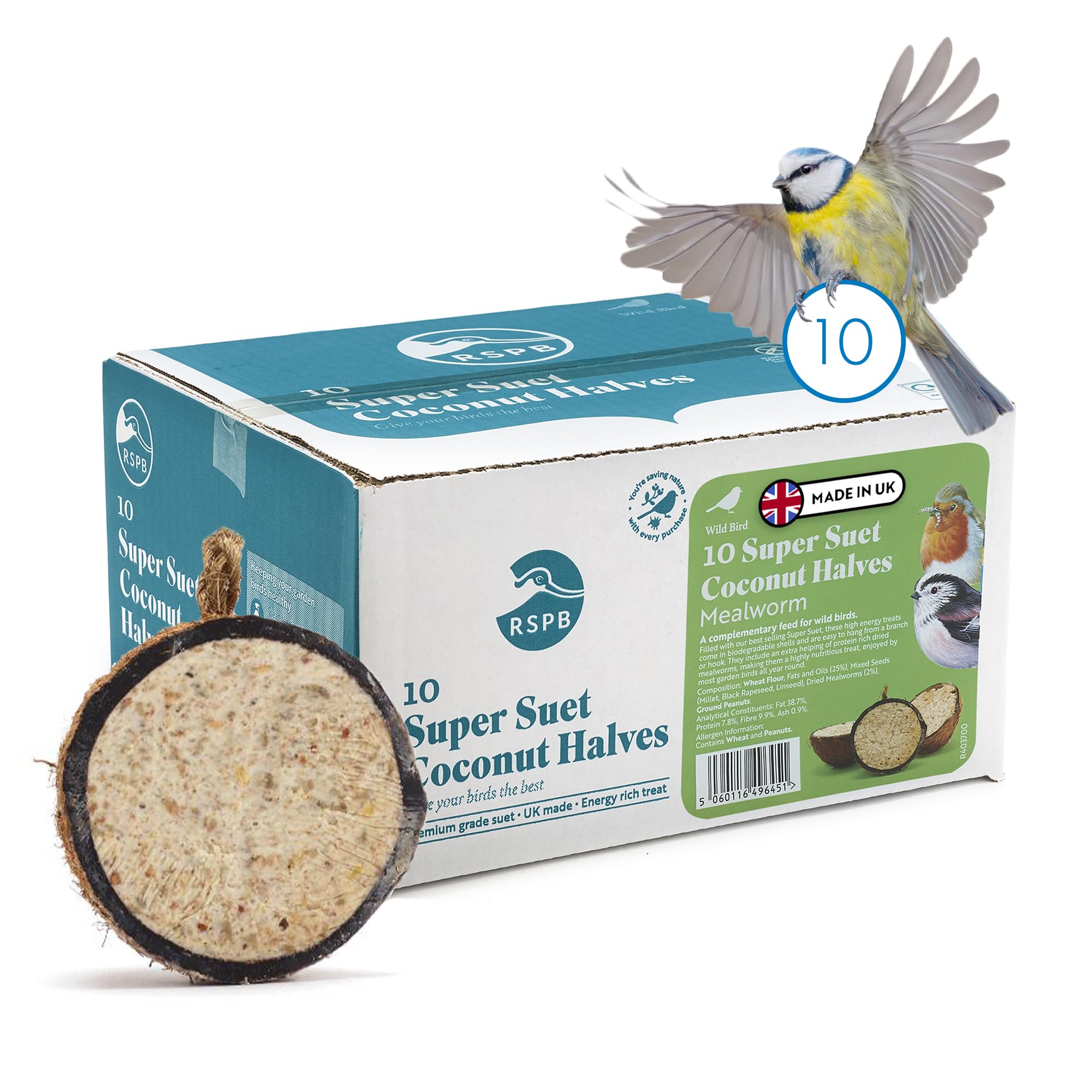 RSPB - Coconut Halves, Bird Food for Outside Birds, Wild Food with Suet, Dried M