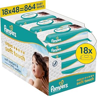 Pampers Aqua Soft Touch Baby Wipes, 18 x 48 (864 Pieces) | Soft texture and lotion with 99% water