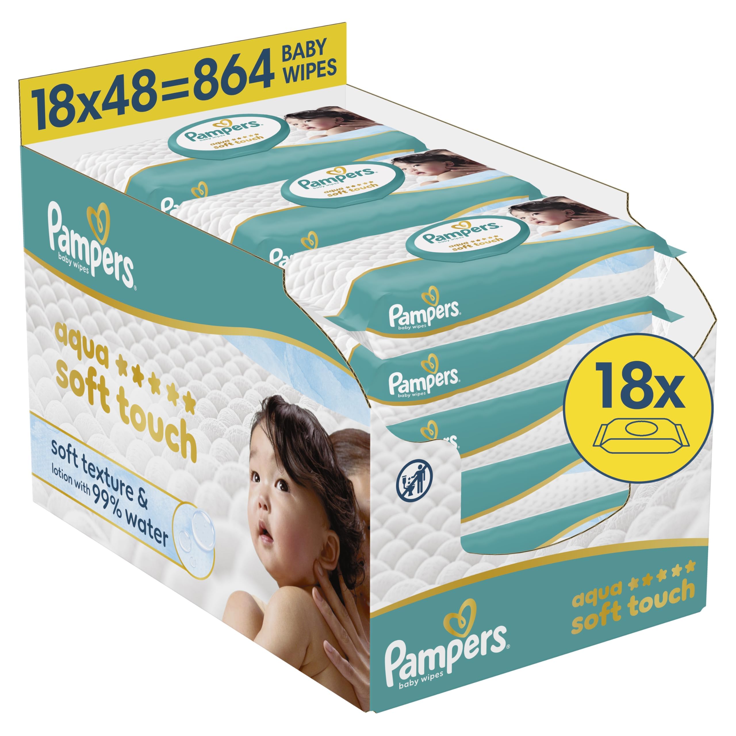 Pampers Aqua Soft Touch Baby Wipes, 18 x 48 (864 Pieces) | Soft texture and loti