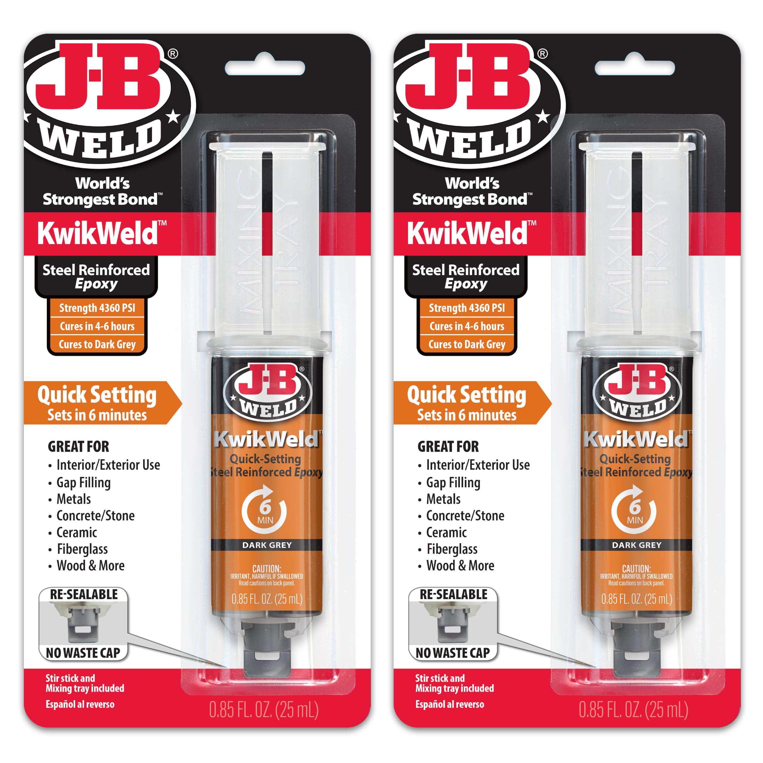 J-B Weld 6 Minute Set Epoxy KwikWeld, High Strength, Waterproof, 2 Pack, Dark Gr