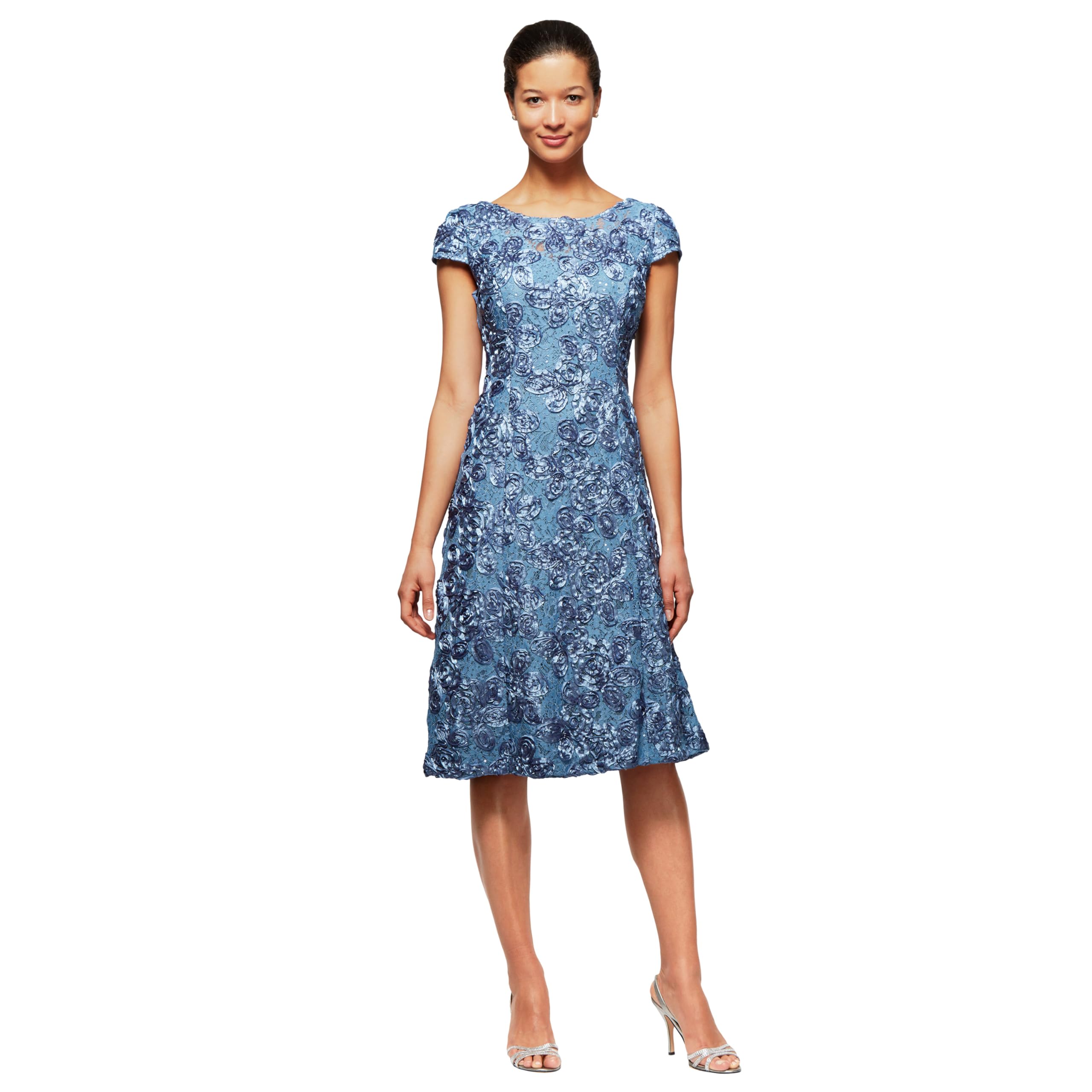 Alex Evenings Tea Length Dress with Rosette Detail (Petite and Regular) Women's 