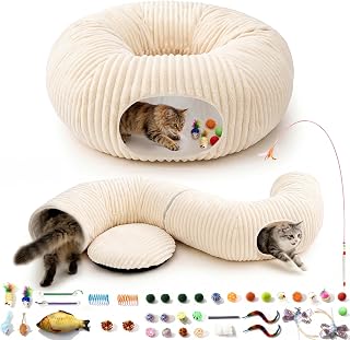 MOYMO Cat Tunnel Bed with 40 Pcs Interactive Cat Toys, White | Cat Tube with Kitten Toys for Indoor Kittens, Collapsible Play Tunnel under Christmas Tree, Cat Gifts