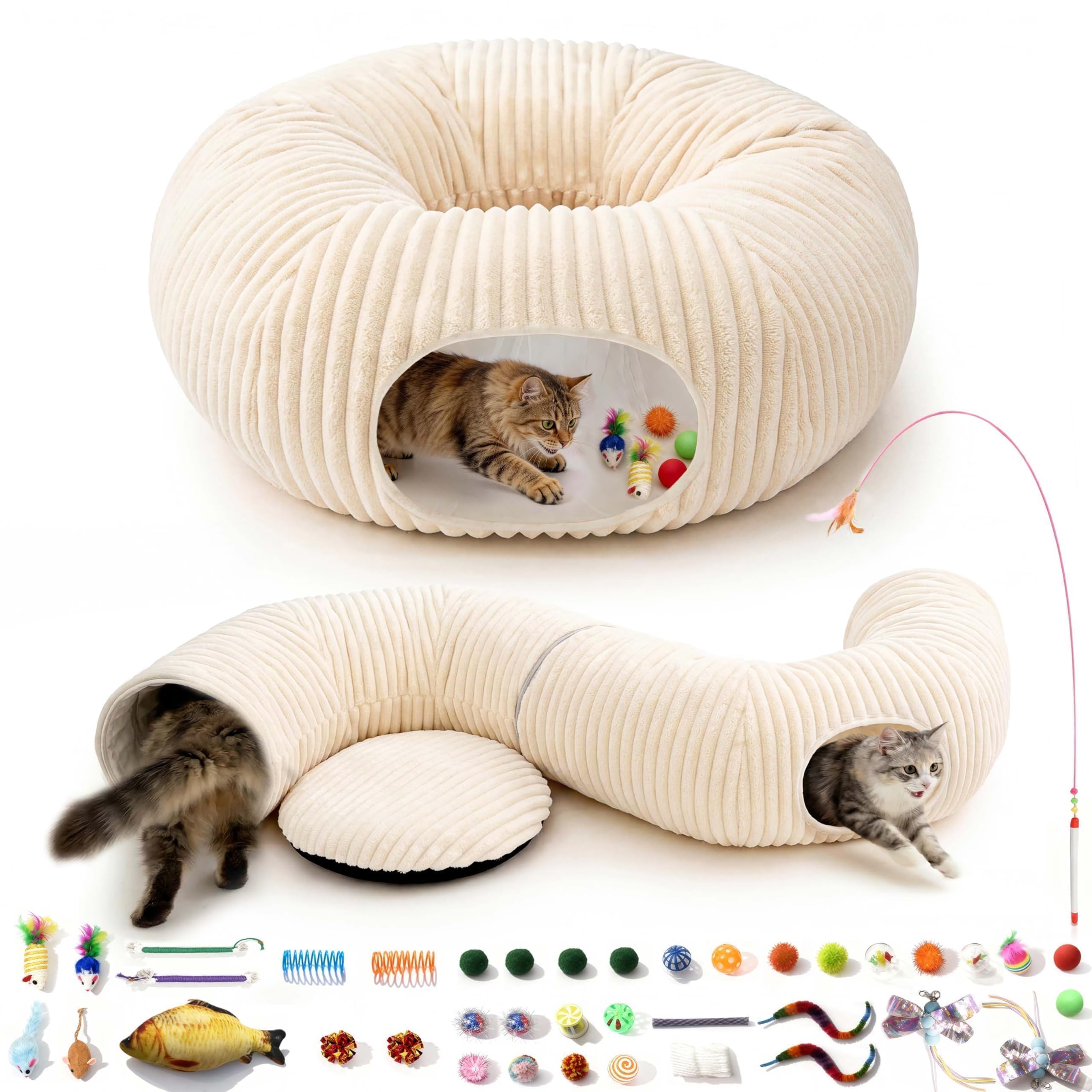 MOYMO Cat Tunnel Bed with 40 Pcs Interactive Cat Toys, White | Cat Tube with Kit