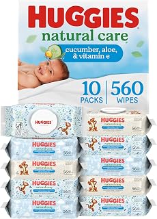 Huggies Natural Care Cucumber, Aloe and Vitamin E Baby Wipes, Hypoallergenic, Scented, 10 Flip-Top Packs (560 Wipes Total), Packaging May Vary